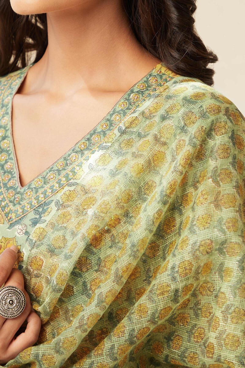 Green Hand Block-Printed Kota Dupatta