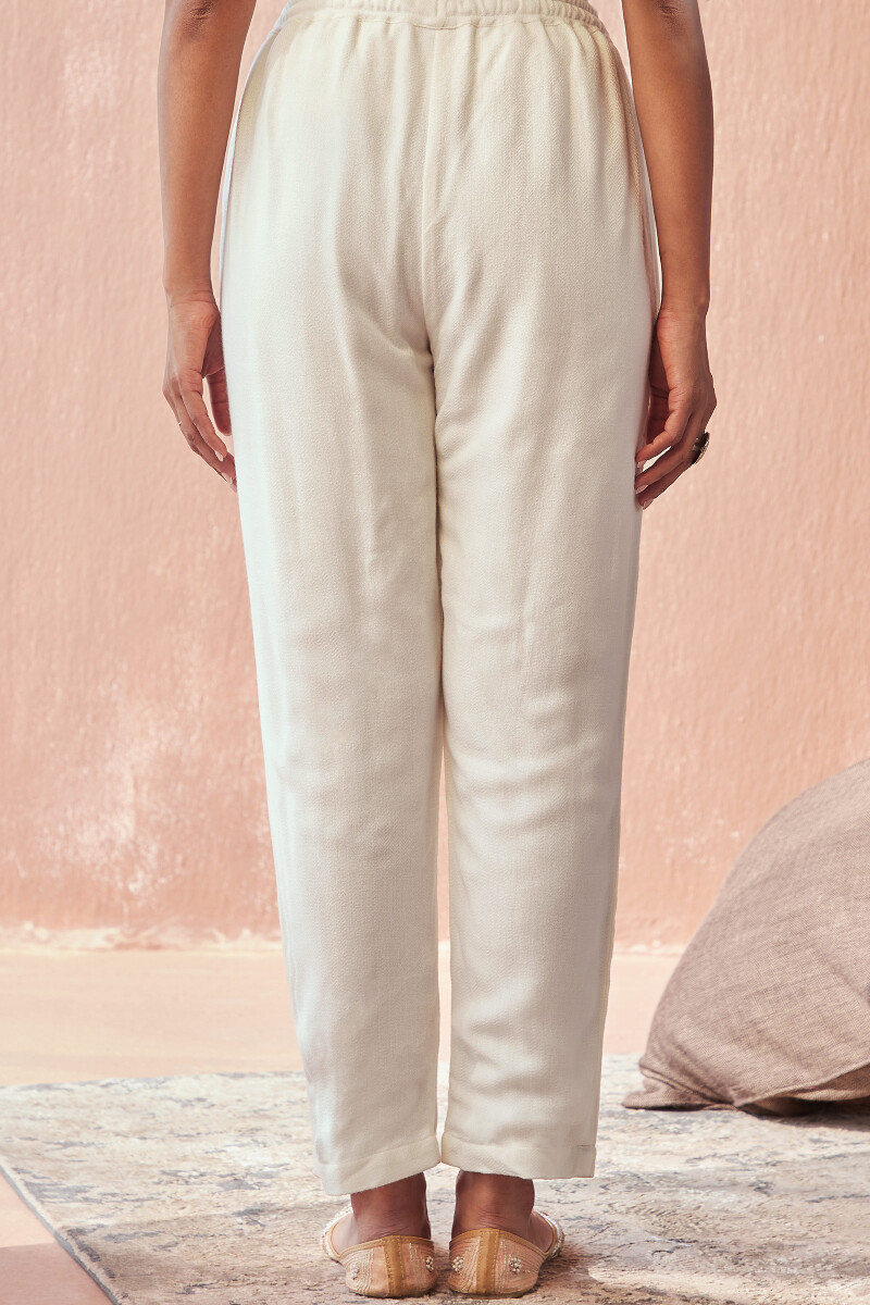 White Handcrafted Faux Wool Narrow Pants