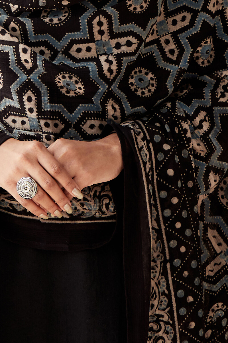 Black Hand Block Printed Cotton Dupatta