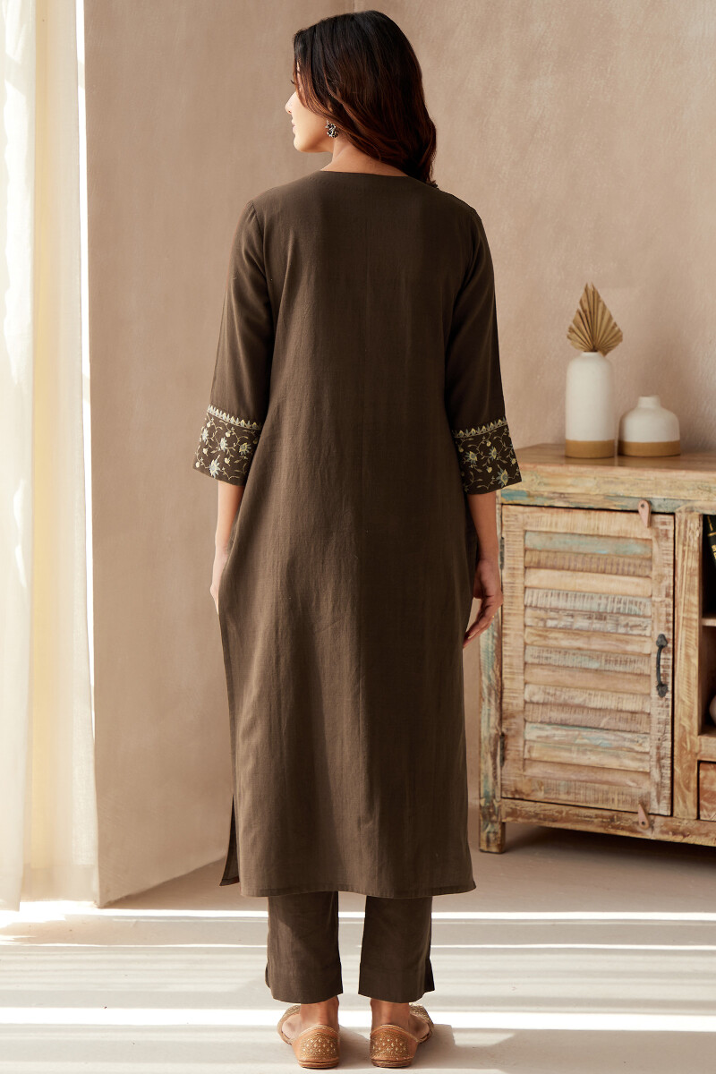 Brown Handcrafted Straight Cotton Kurta