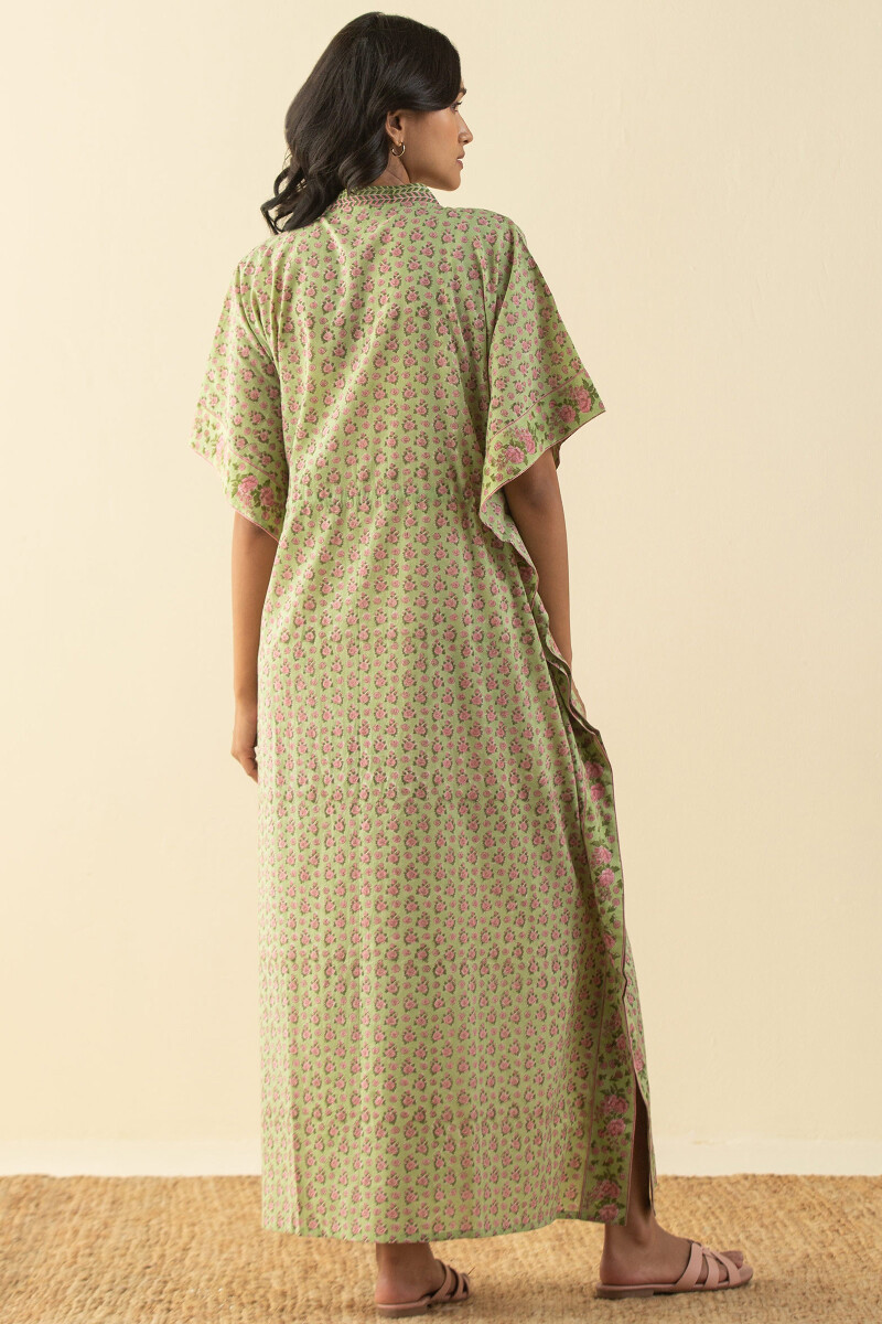 Green Hand Block-Printed Cotton Mul Kaftan