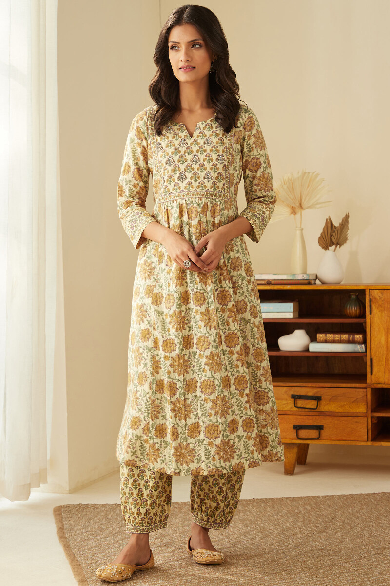 Beige Hand Block-Printed A-Line Cotton Dobby Kurta