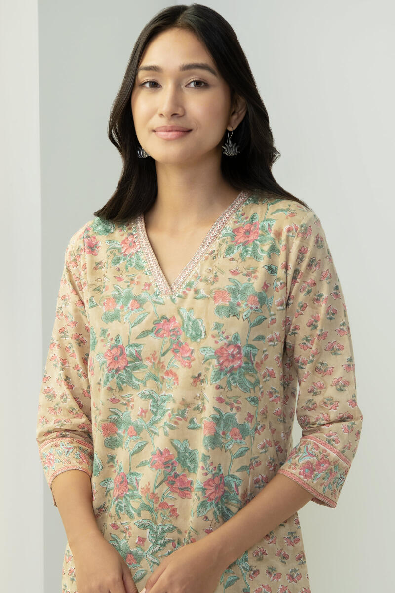 Mustard Hand Block Printed Cotton Kaftan