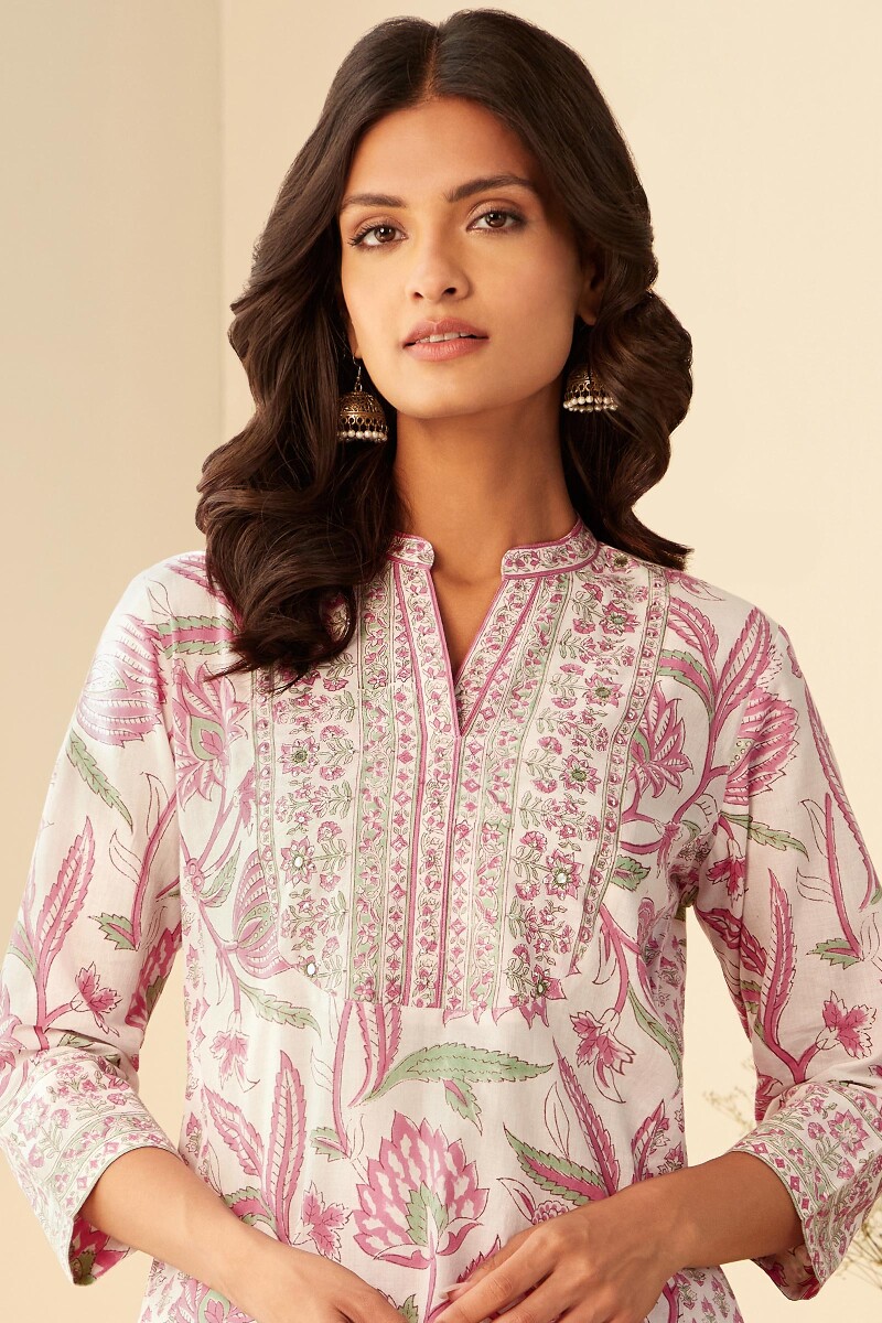 White Hand Block-Printed Straight Cotton Kurta