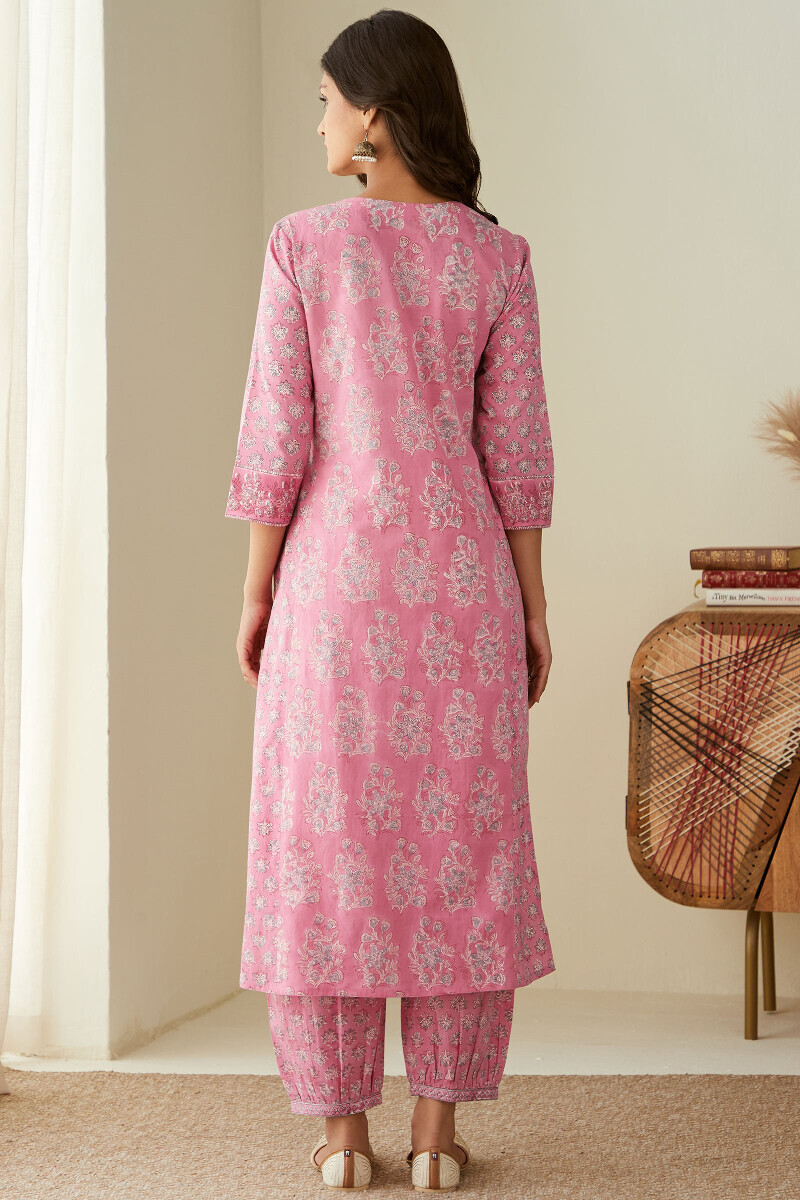 Pink Hand Block-Printed Straight Cotton Kurta