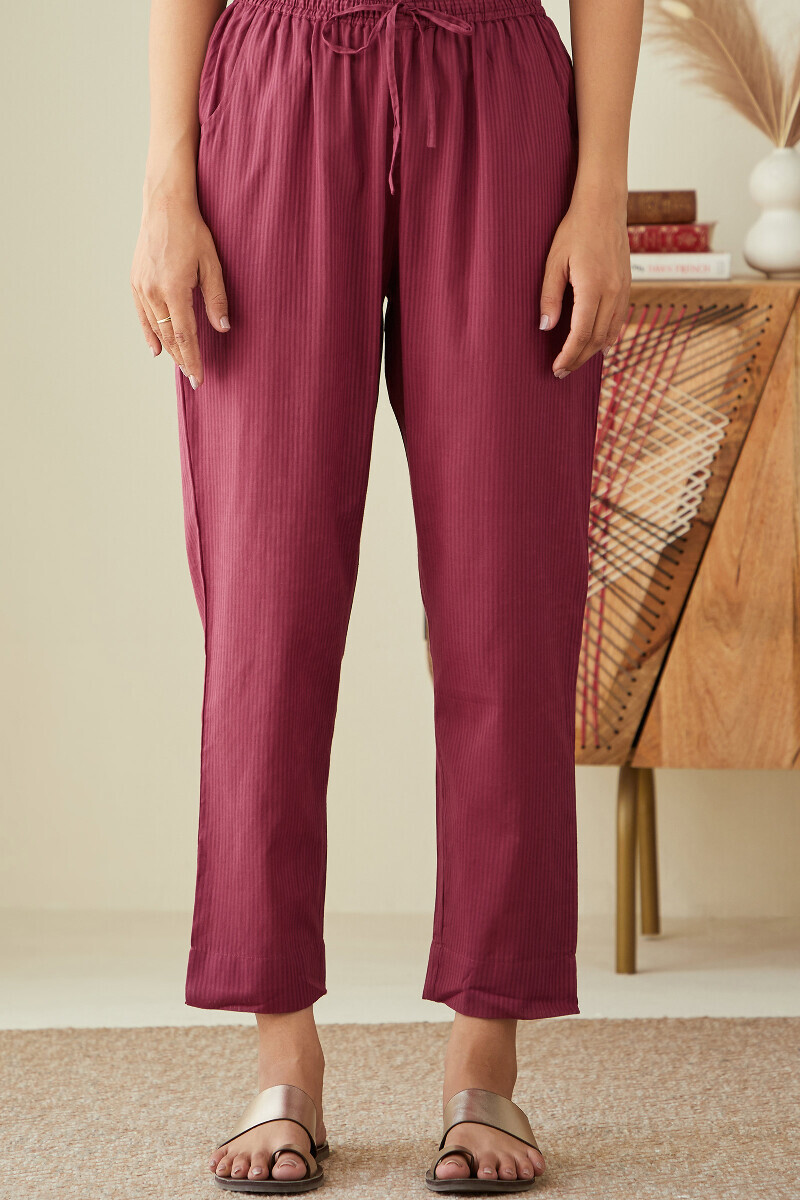 Red Handcrafted Cotton Dobby Narrow Pants