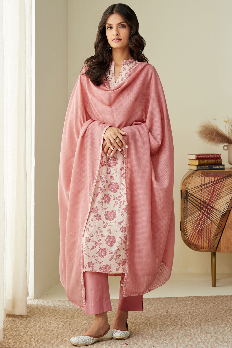 Pink Hand Printed Straight Cotton Slub Kurta