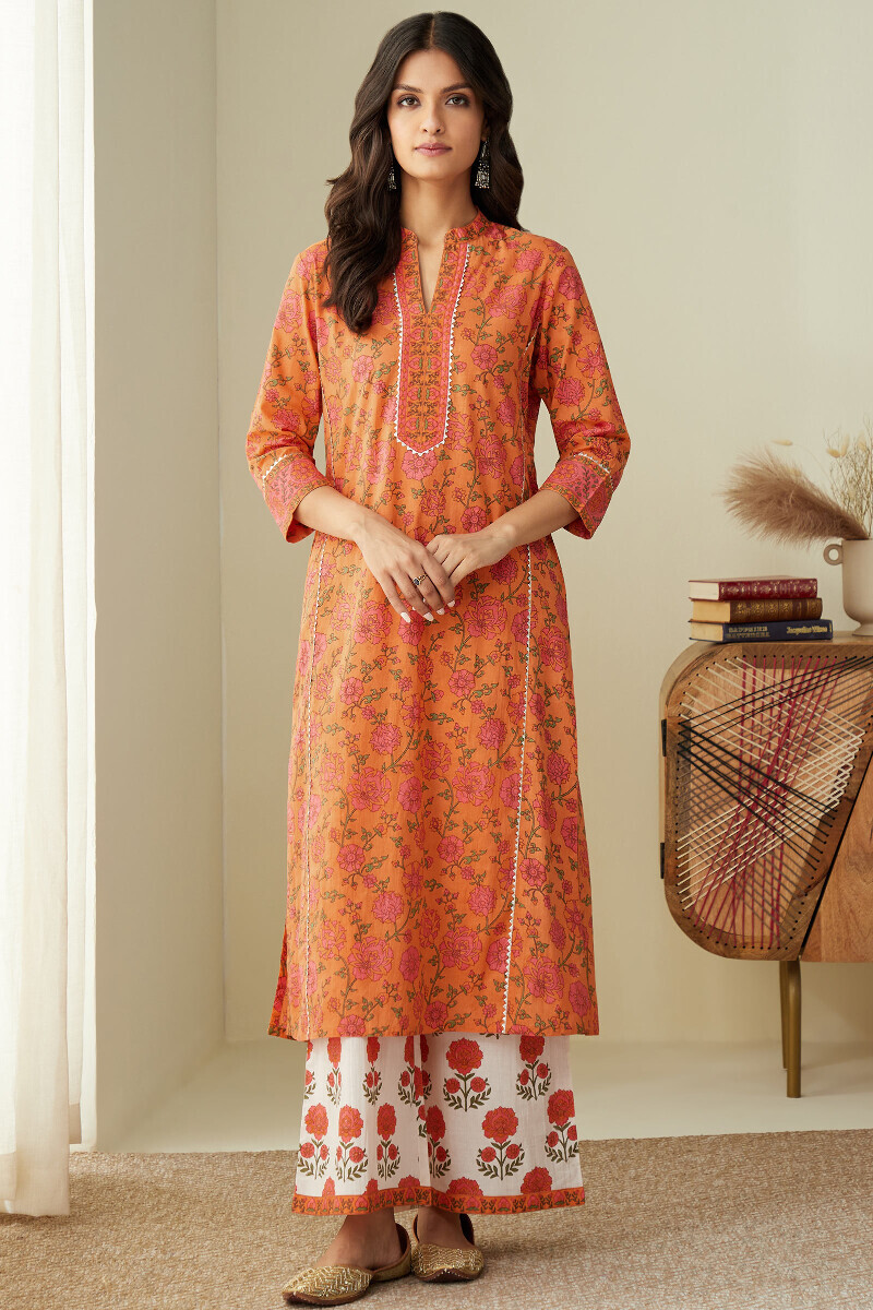 Orange Hand Printed Straight Cotton Kurta