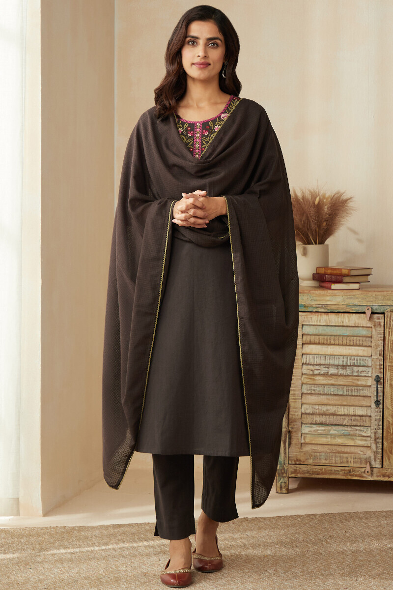 Brown Handcrafted Straight Cotton Flax Kurta