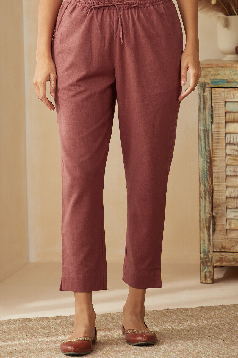 Dusky Red Handcrafted Cotton Flax Narrow Pants