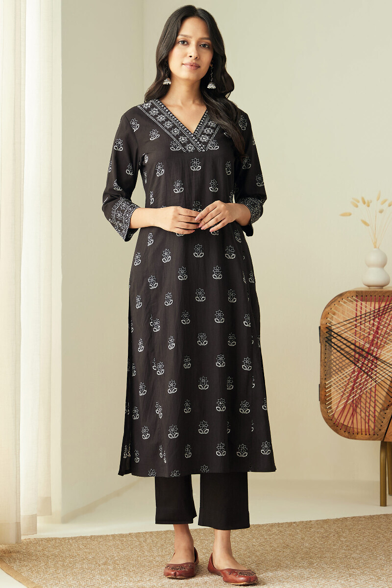 Black Hand-Printed Straight Cotton Kurta