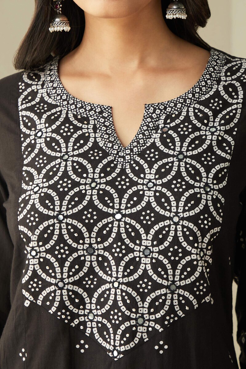 Black Hand Printed Straight Cotton Kurta