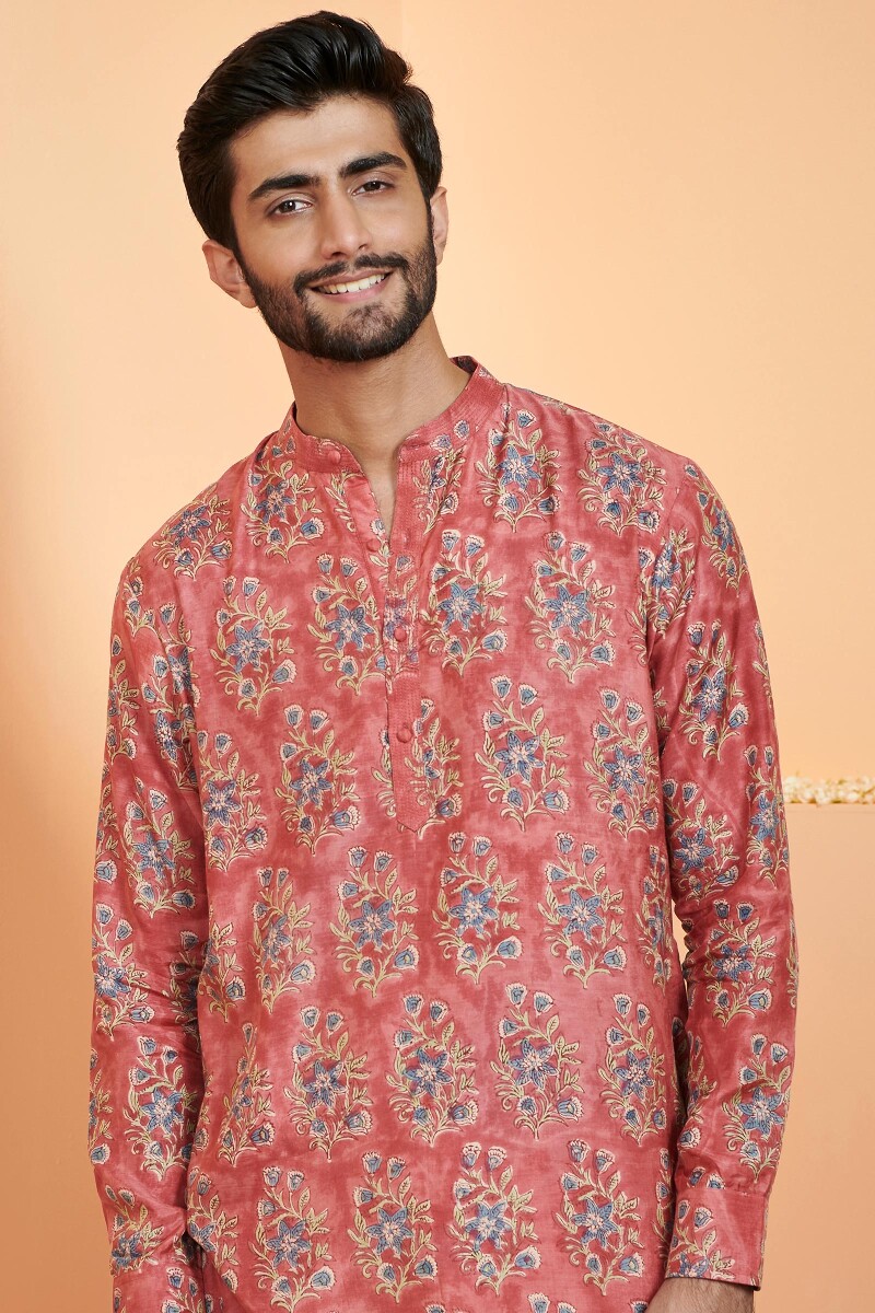 Red Hand Block Printed Modal Kurta