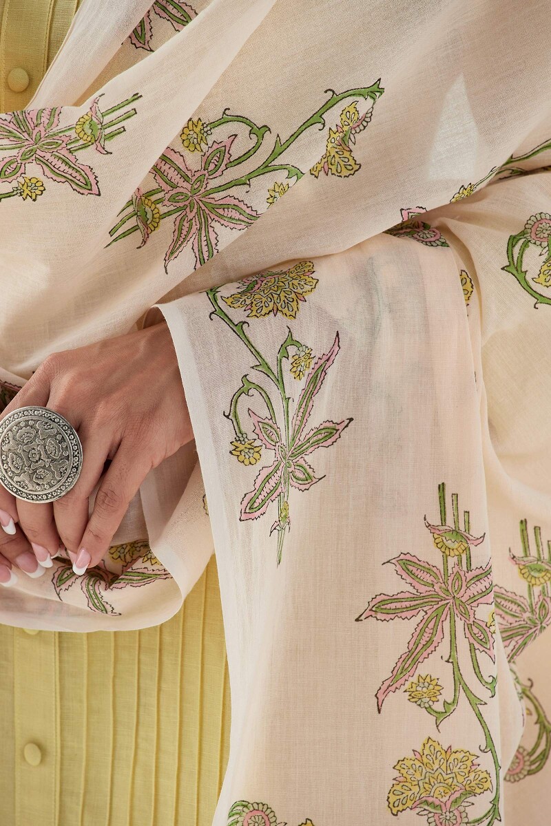 Peach Hand Block Printed Cotton Mul Dupatta