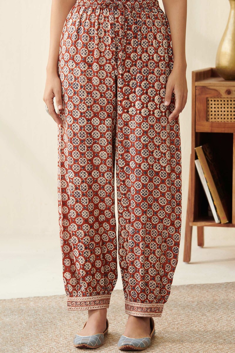 Red Hand Block Printed Viscose Izhaar Pants