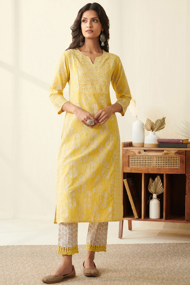 Yellow Hand Block Printed Straight Cotton Dobby Kurta