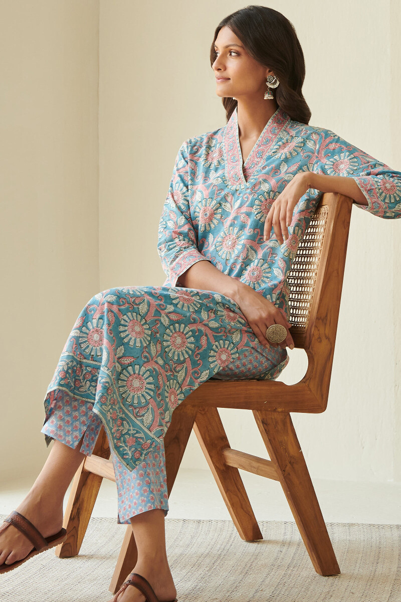 Blue Block Printed Straight Cotton Kurta