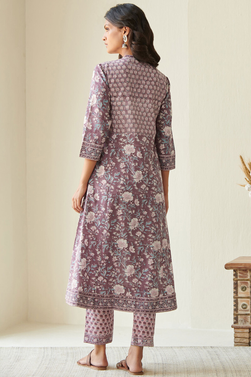 Purple Hand Block-Printed A-Line Cotton Kurta