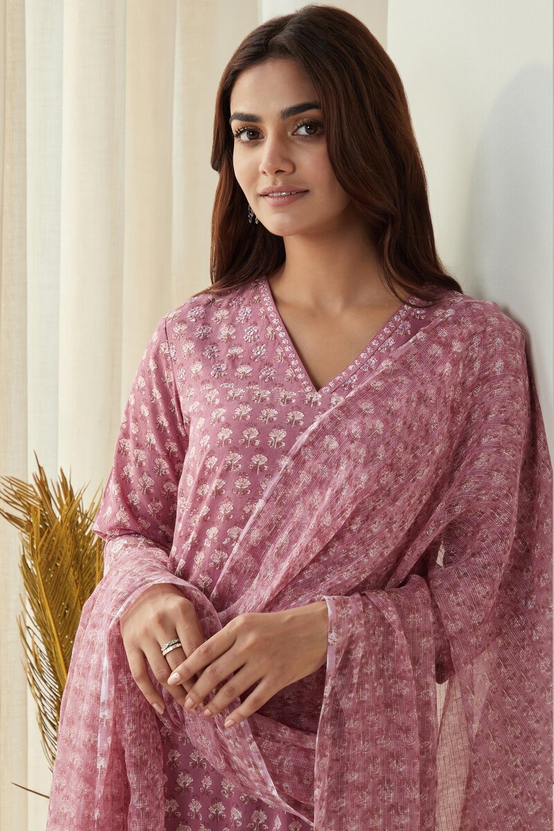 Purple Hand Block-Printed Straight Cotton Kurta