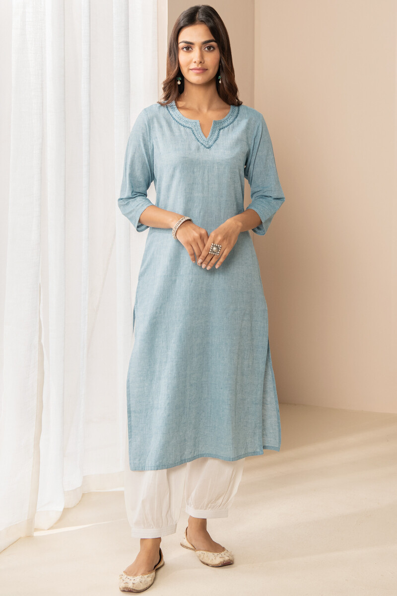 Blue Handcrafted Straight Handloom Kurta