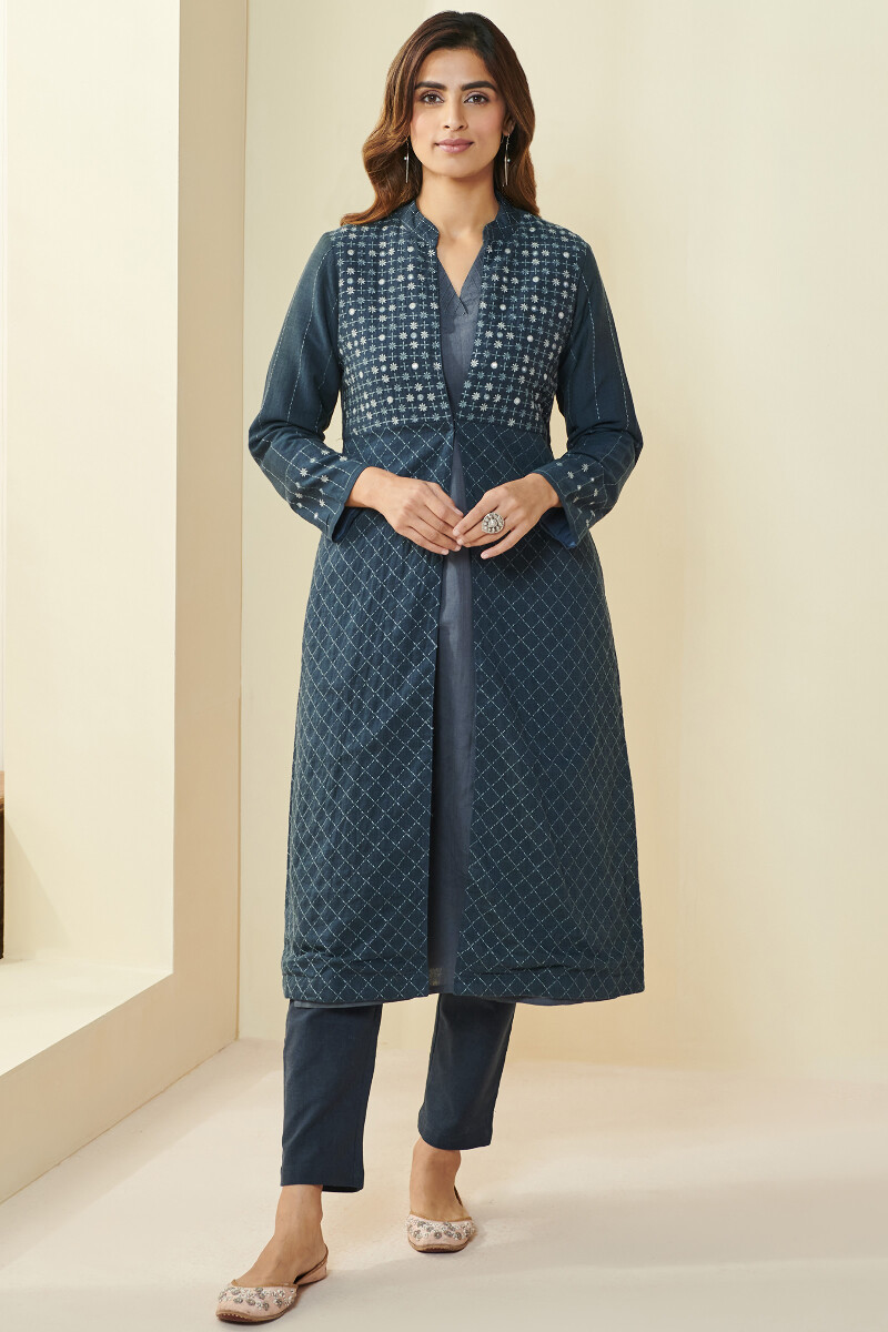 Blue Handcrafted Handloom Long Jacket