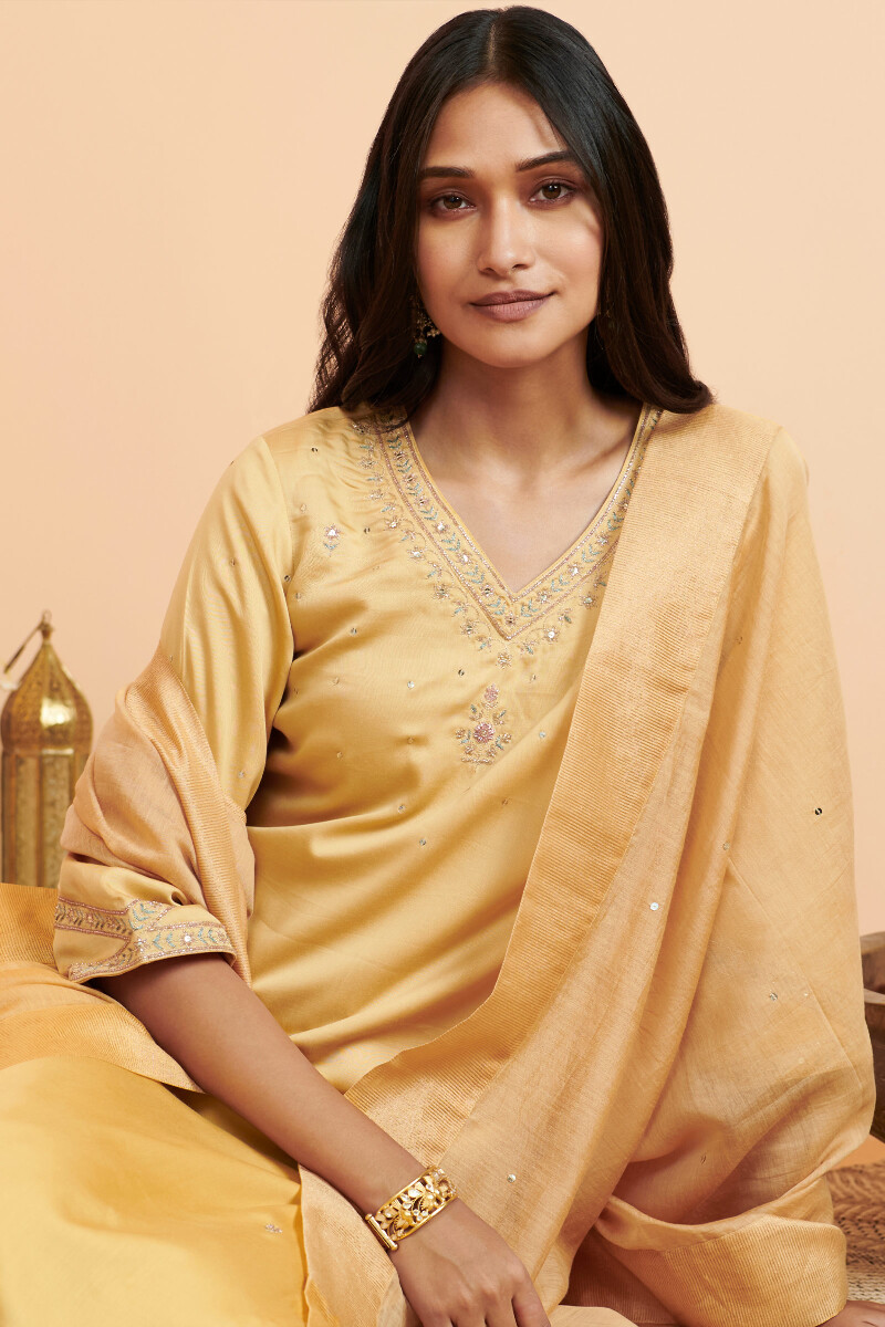 Yellow Handcrafted Cotton Silk Dupatta