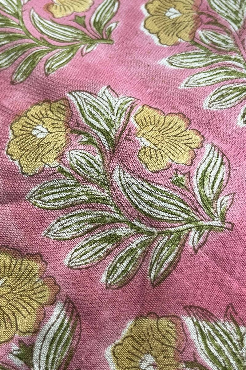 Pink Hand Block Printed Cotton Flax Kurta