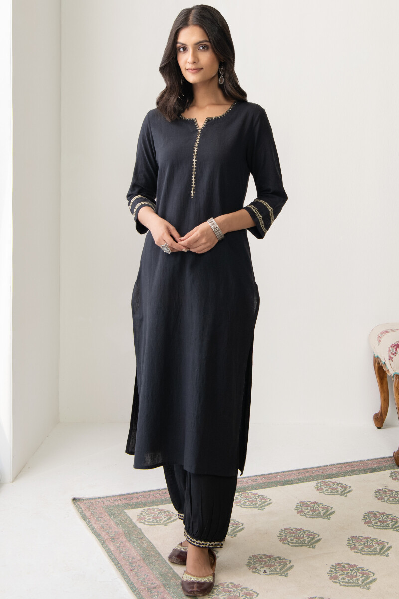 Black Handcrafted Straight Cotton Kurta