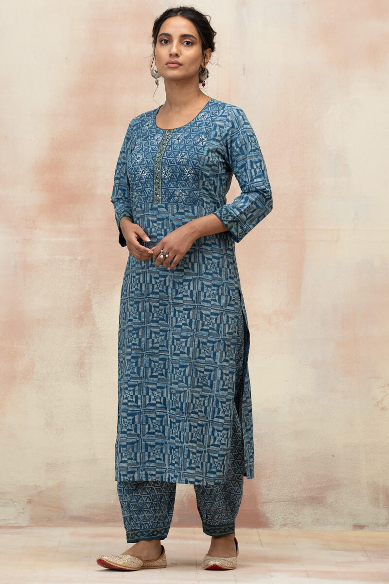 Indigo Block Printed Straight Cotton Kurta