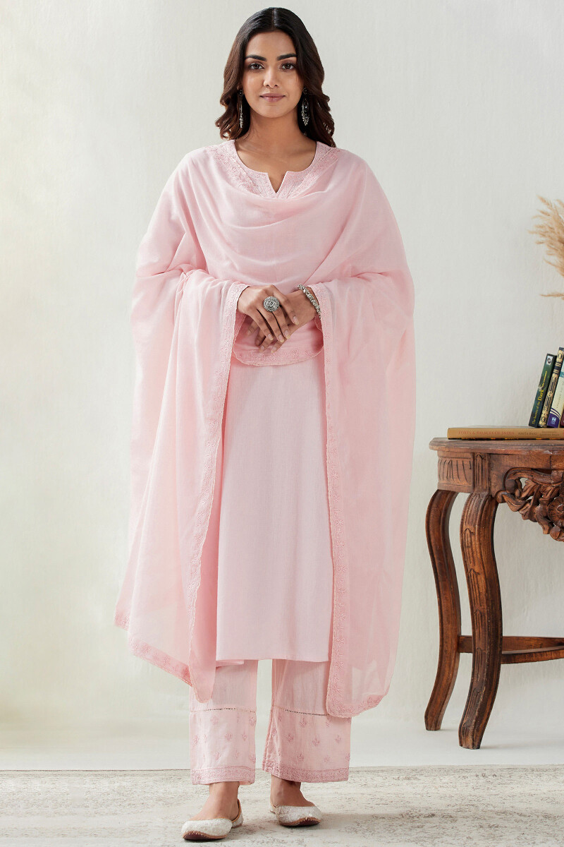 Pink Handcrafted Straight Cotton Flax Kurta