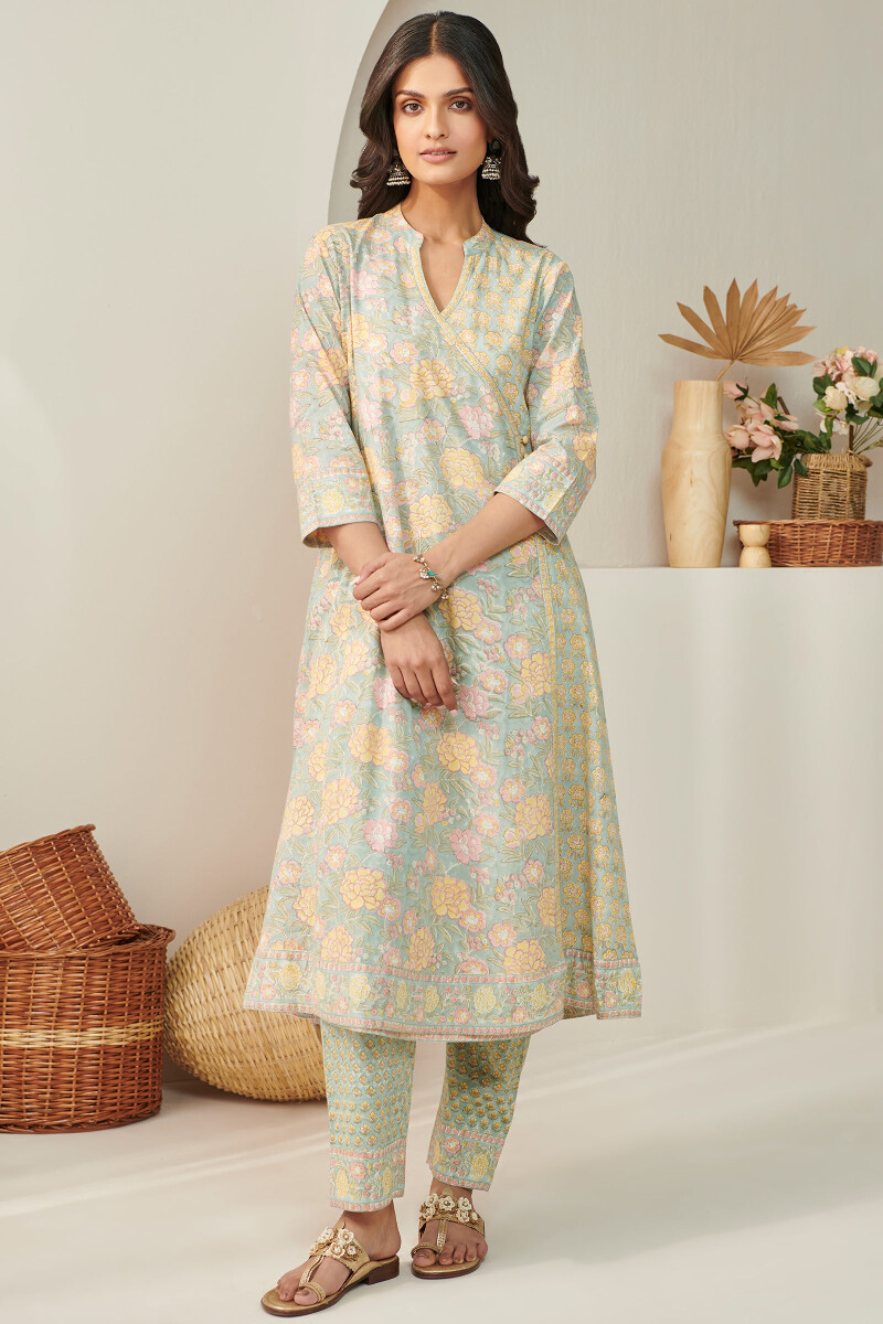 Blue Hand Block Printed Angrakha Cotton Mul Kurta