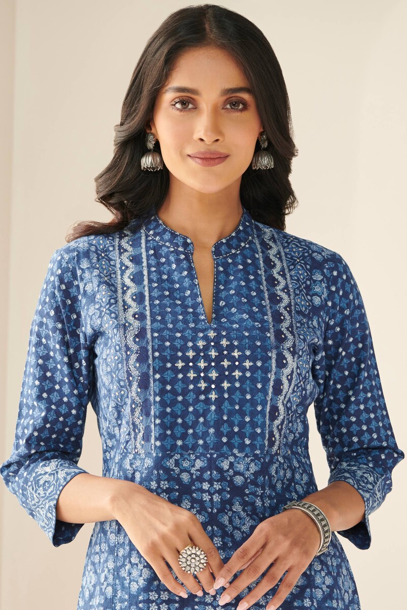 Indigo Hand Block Printed Straight Cotton Slub Kurta