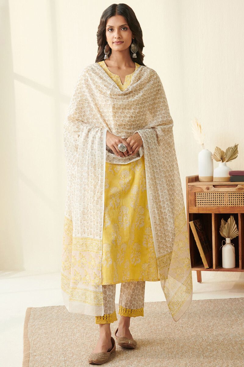 Yellow Hand Block Printed Straight Cotton Dobby Kurta