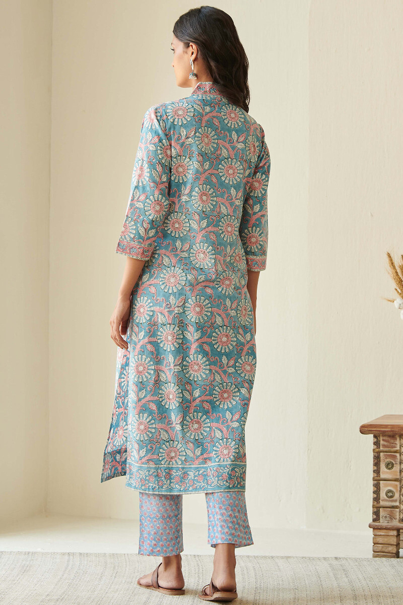 Blue Block Printed Straight Cotton Kurta