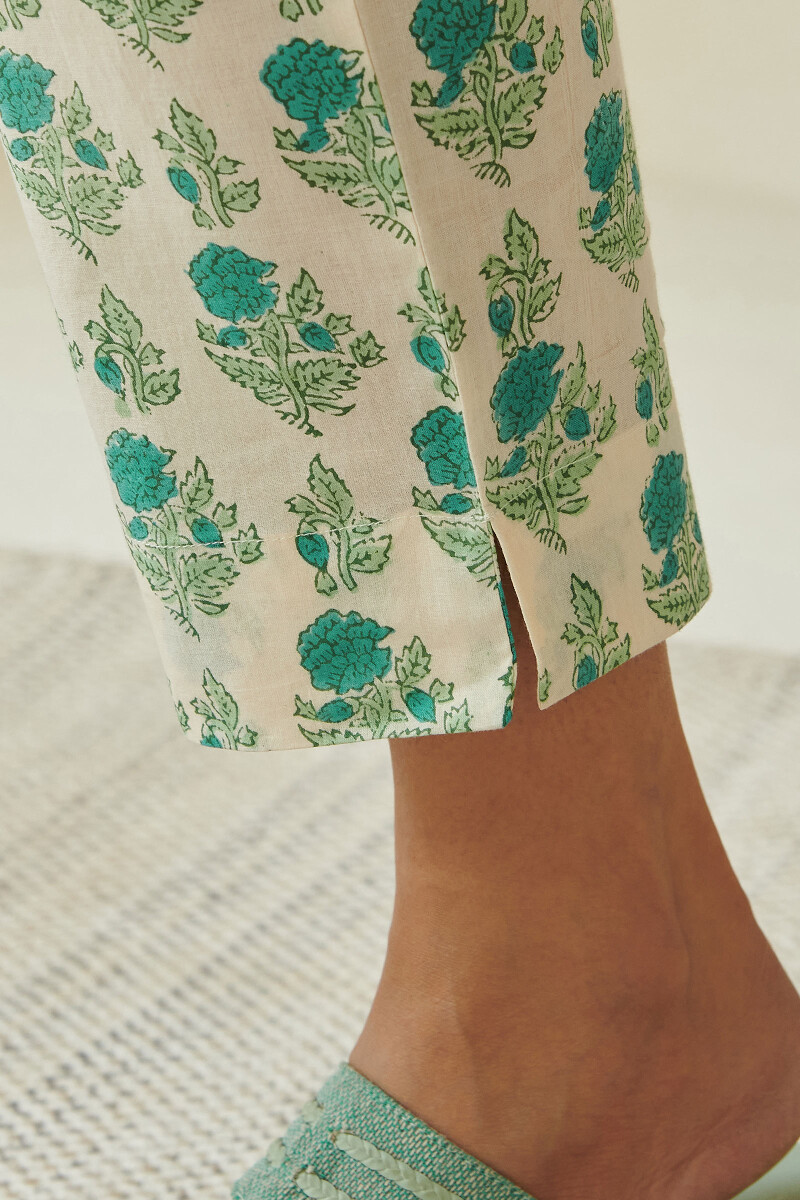 Turquoise Hand Block Printed Cotton Narrow Pants