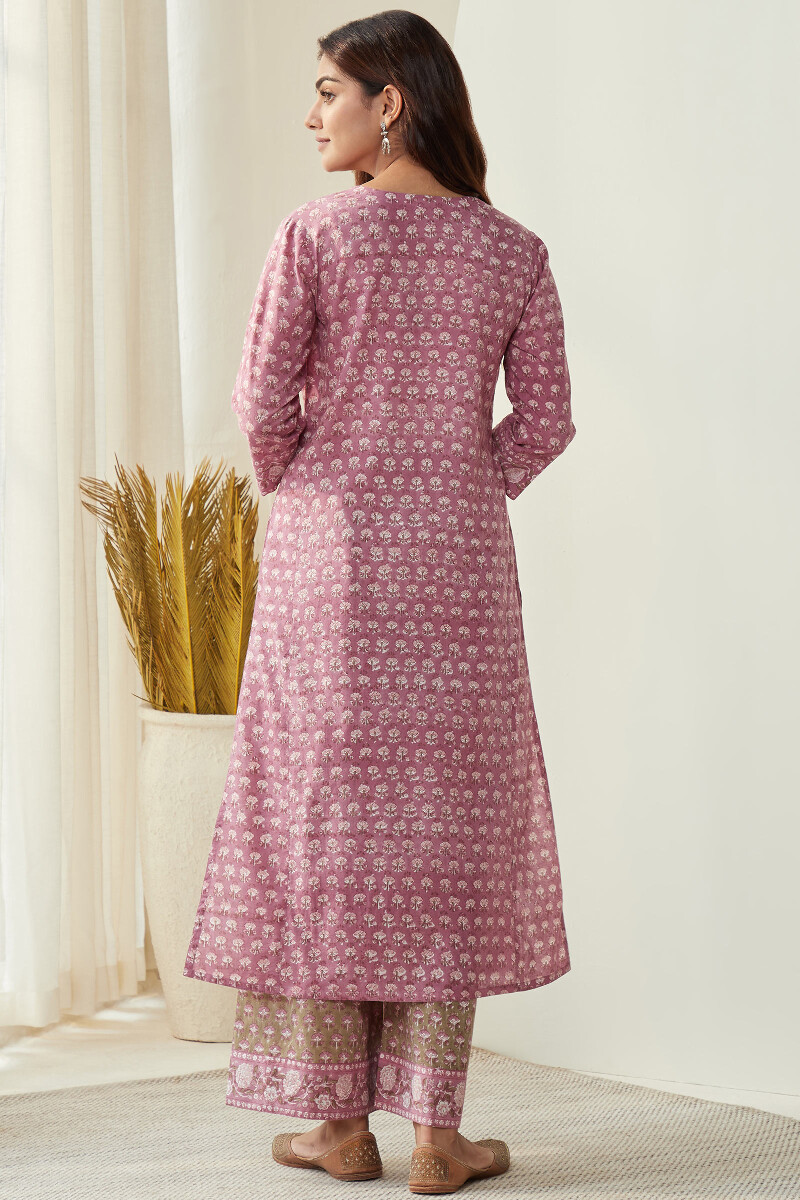 Purple Hand Block-Printed Straight Cotton Kurta