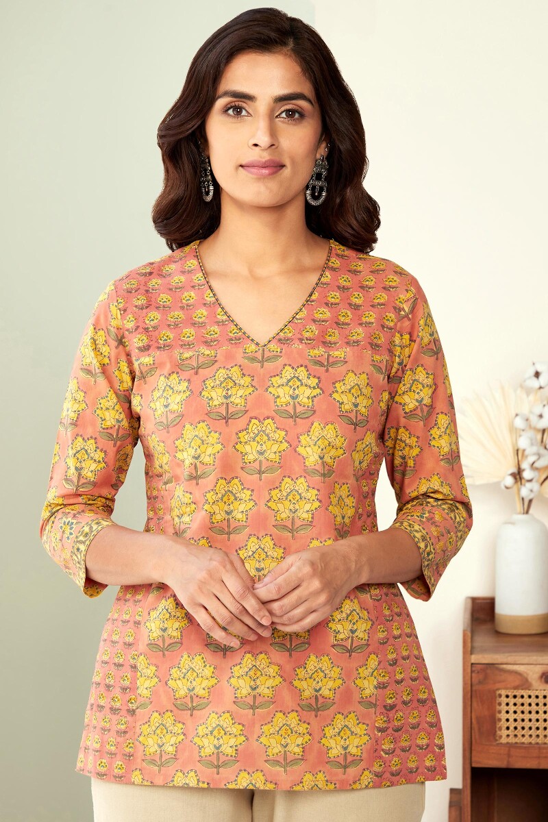 Peach Hand Block-Printed Cotton Top