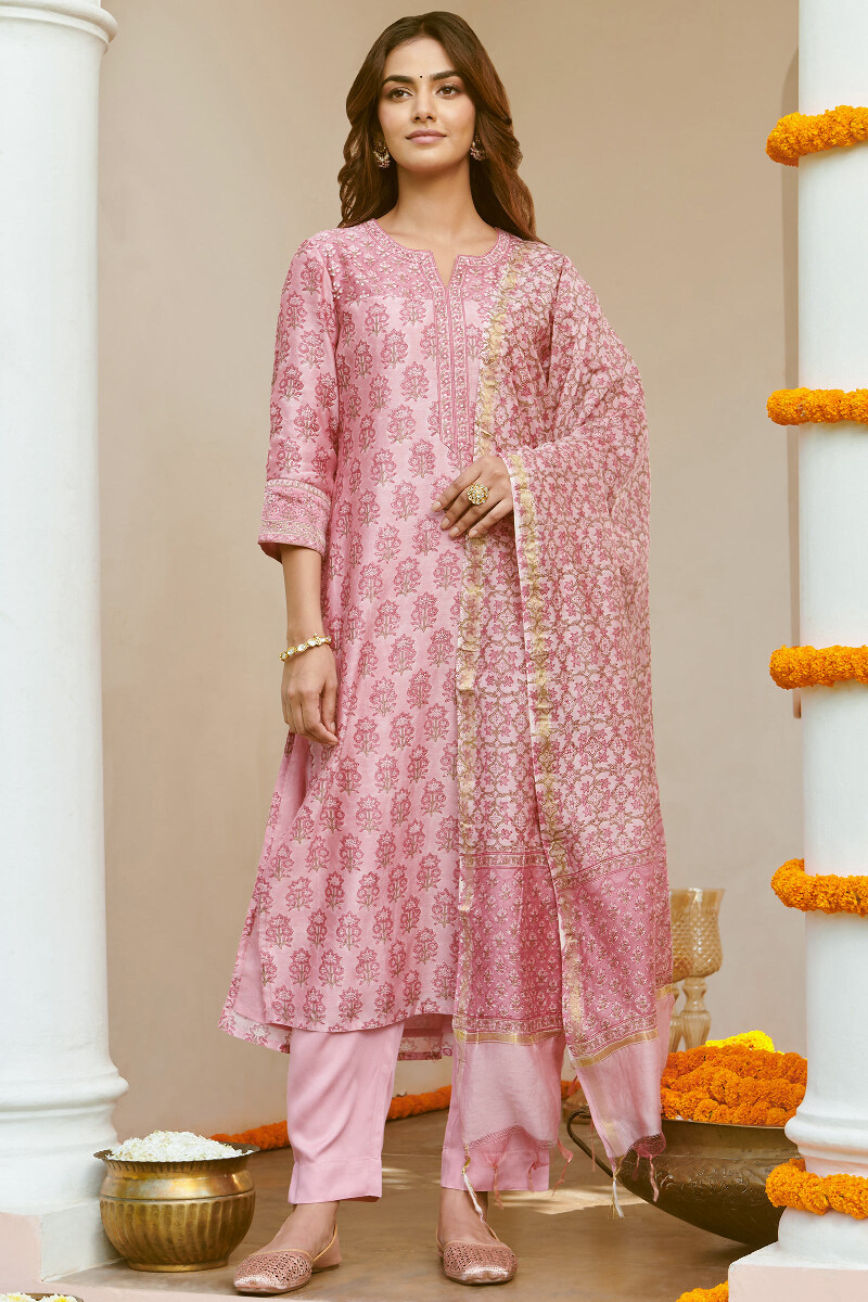 Pink Hand Block-Printed Chanderi Dupatta