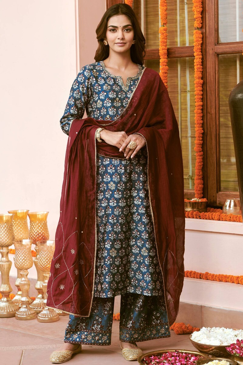 Blue Hand Block-Printed Straight Chanderi Kurta