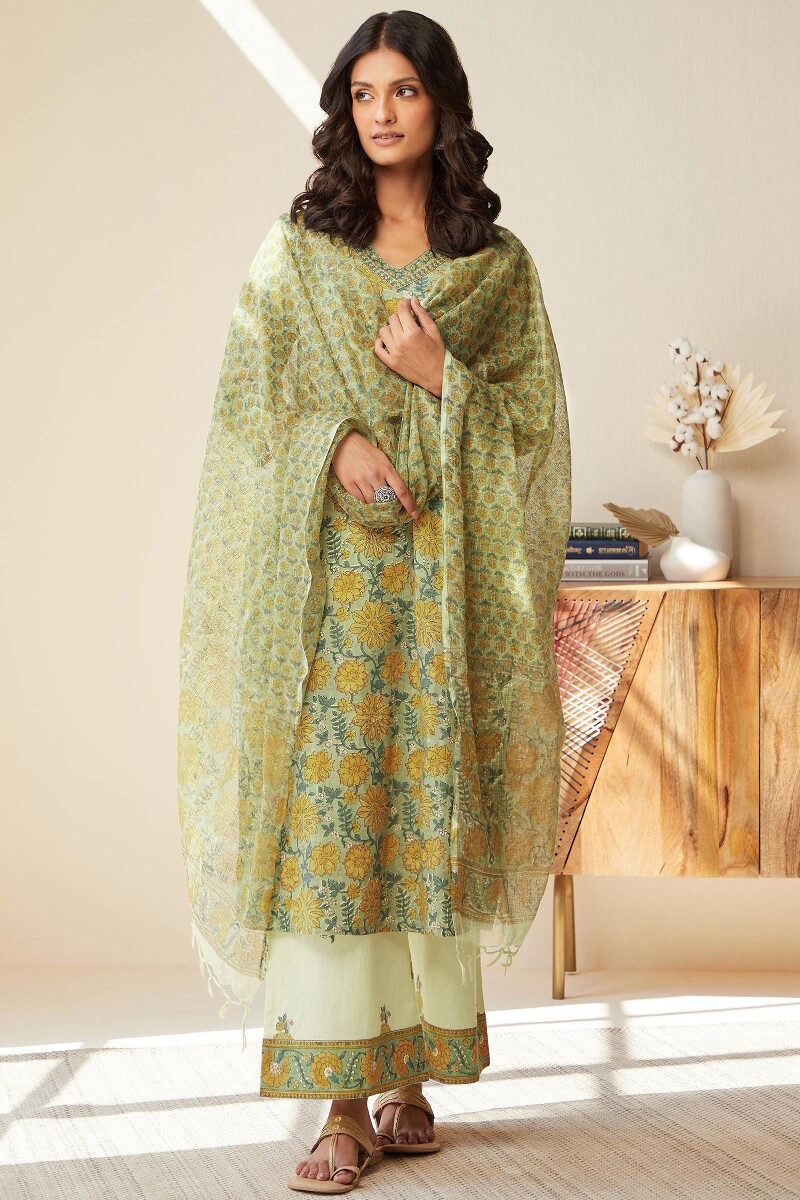 Green Hand Block-Printed Kota Dupatta