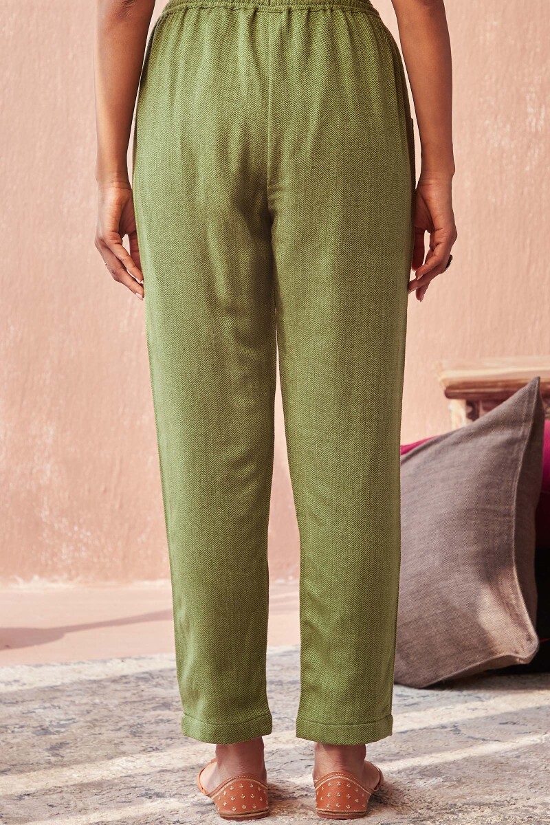 Green Handcrafted Faux Wool Narrow Pants