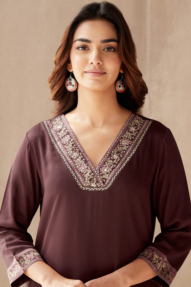 Brown Handcrafted Straight Satin Kurta