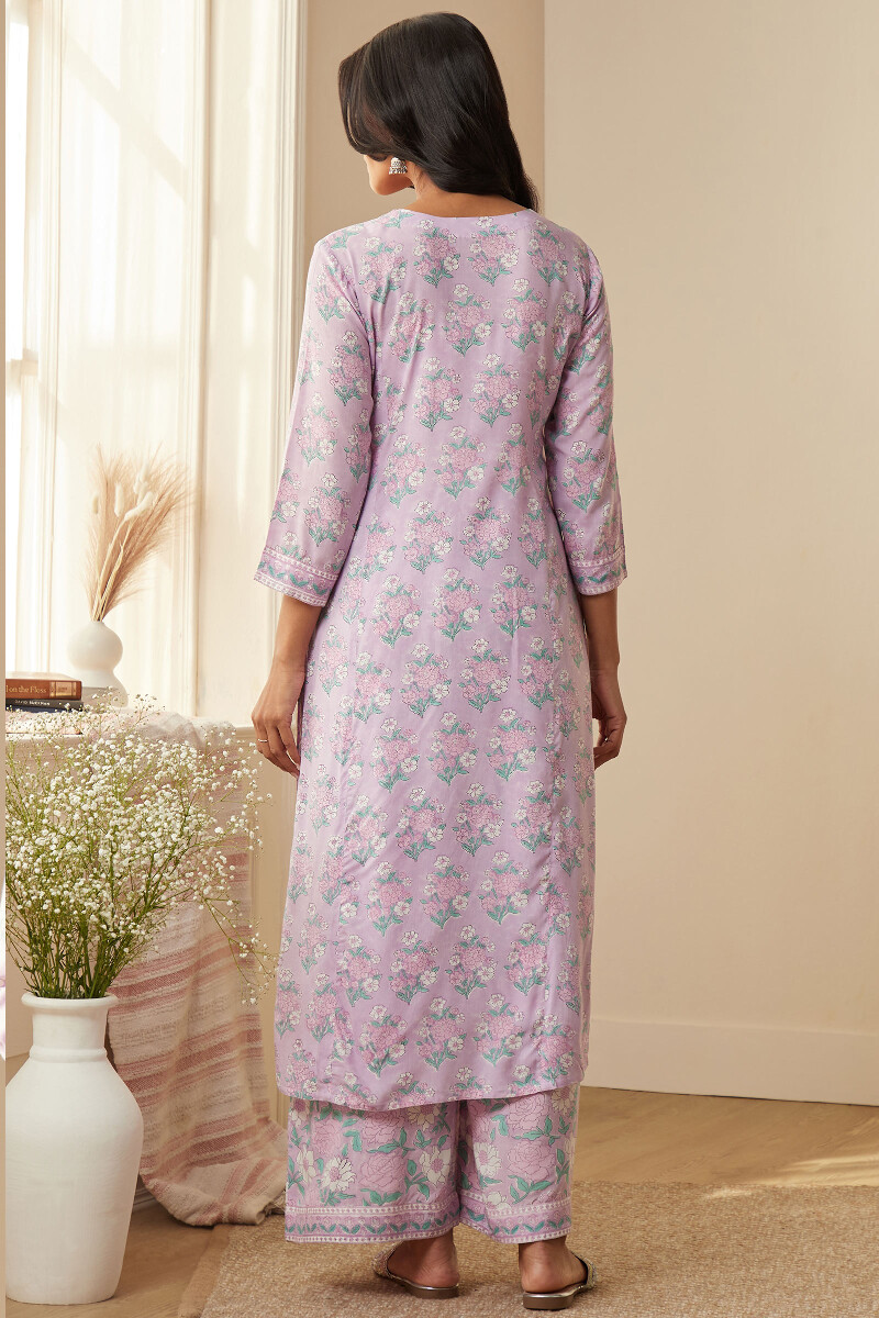 Purple Hand Block-Printed Straight Viscose Kurta