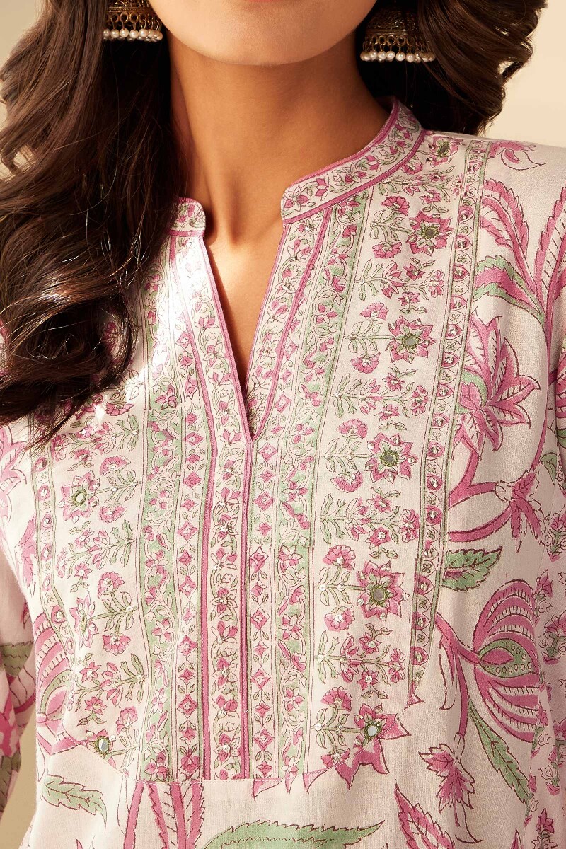 White Hand Block-Printed Straight Cotton Kurta