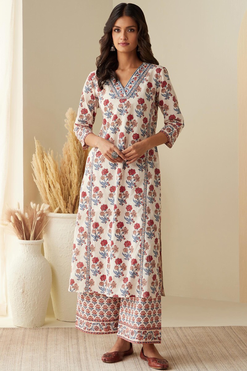 Cream Hand Printed Straight Cotton Kurta