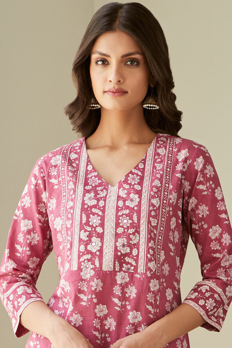 Pink Hand Printed Straight Cotton Kurta