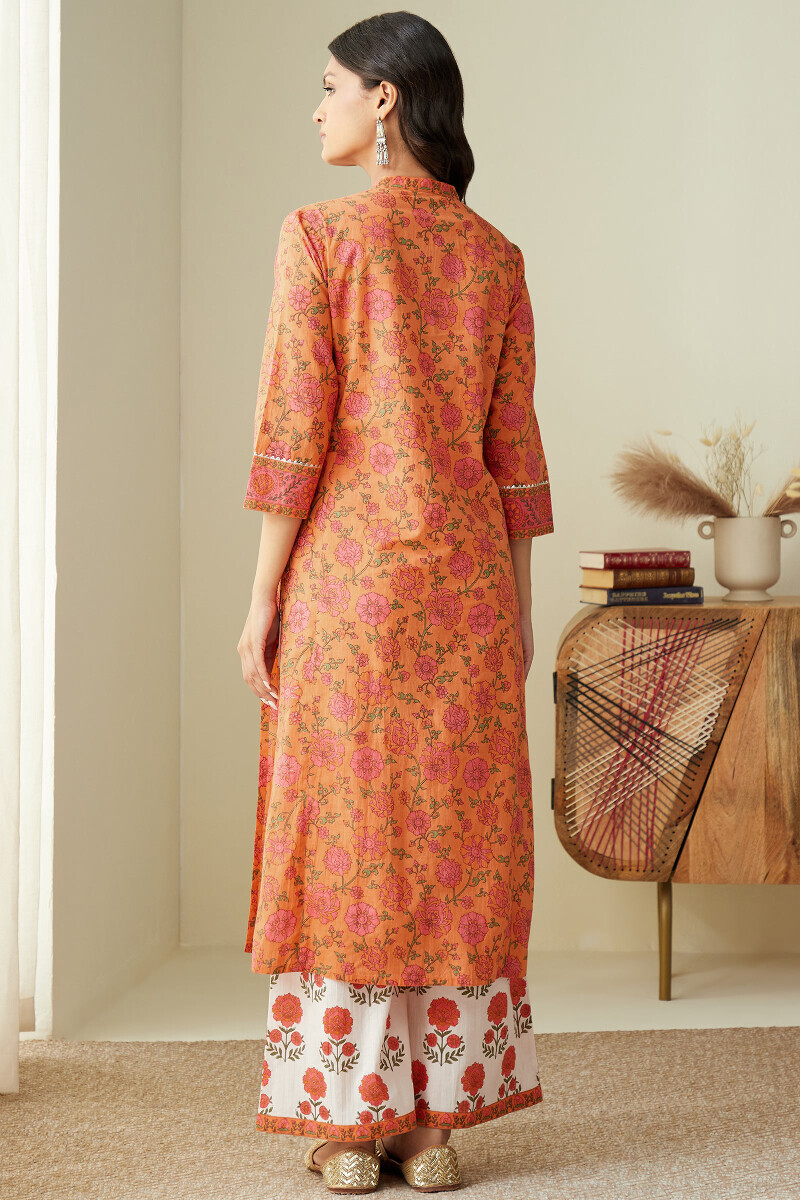 Orange Hand Printed Straight Cotton Kurta