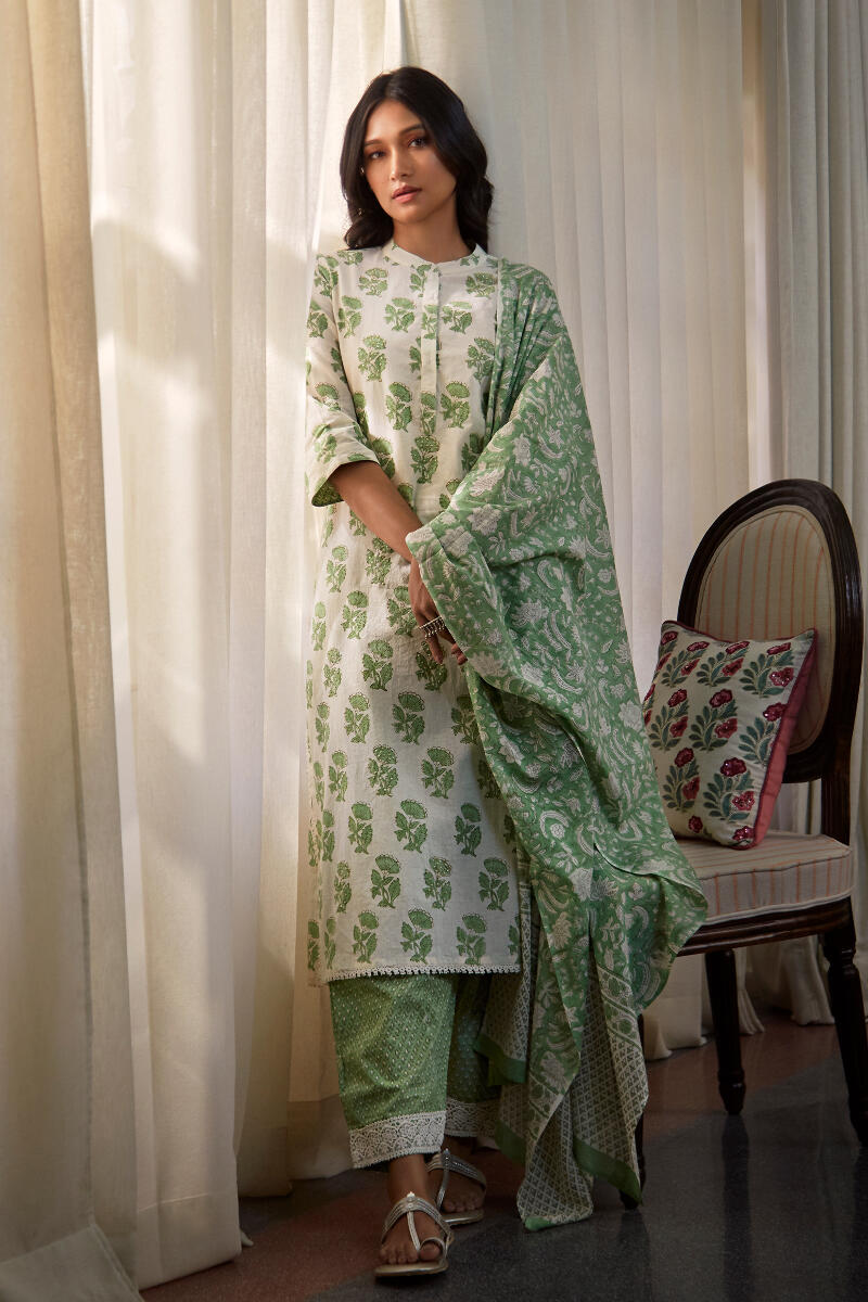 Green Block Printed Straight Cotton Kurta