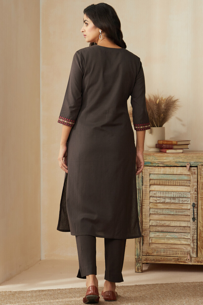 Brown Handcrafted Straight Cotton Flax Kurta