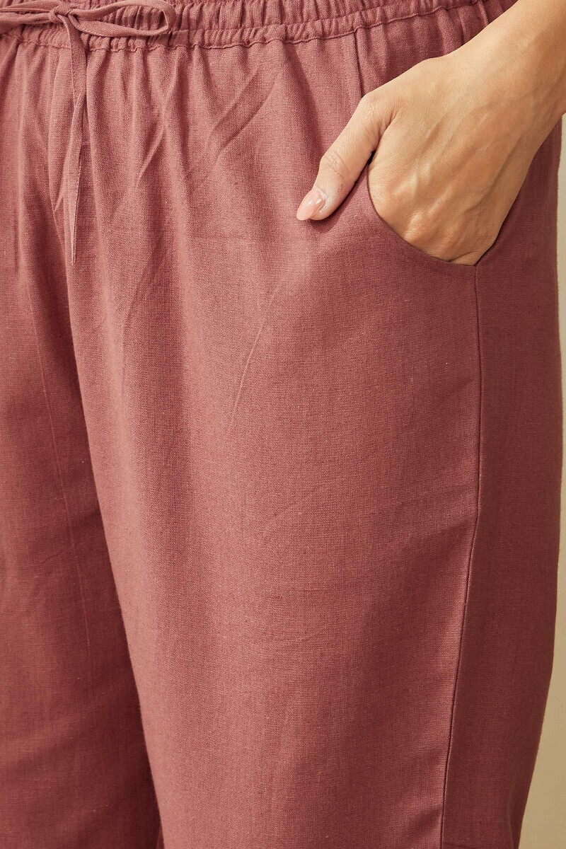 Dusky Red Handcrafted Cotton Flax Narrow Pants